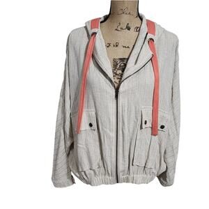 Mystree Linen Striped Hooded Lightweight Jacket Pockets Drawstring Casual medium